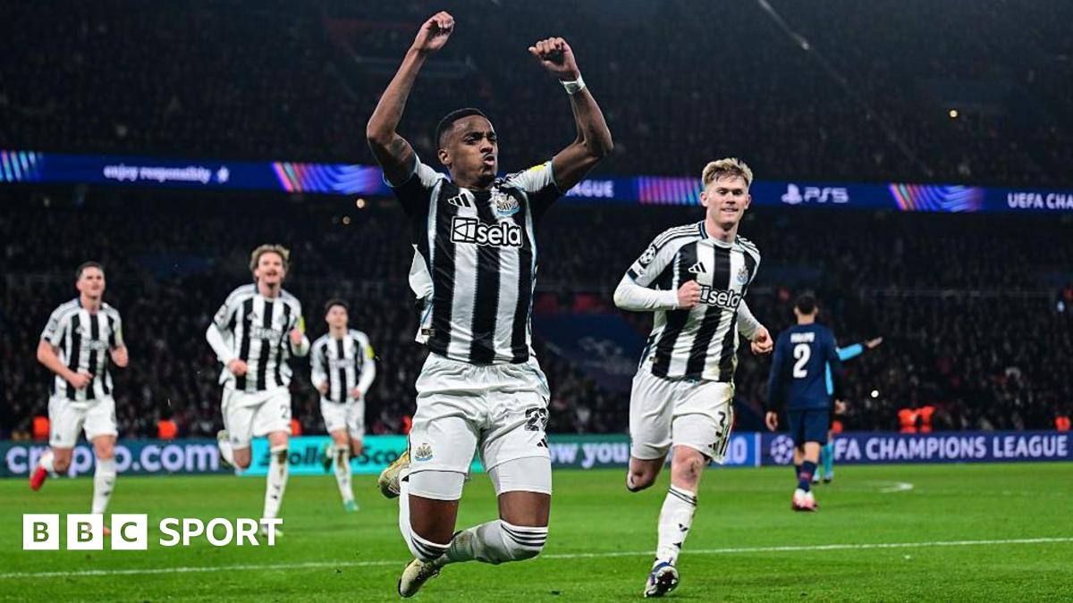 Joe Willock celebrates after scoring for Newcastle United against Paris St-Germain at the Parc des Princes on 29 January, 2026