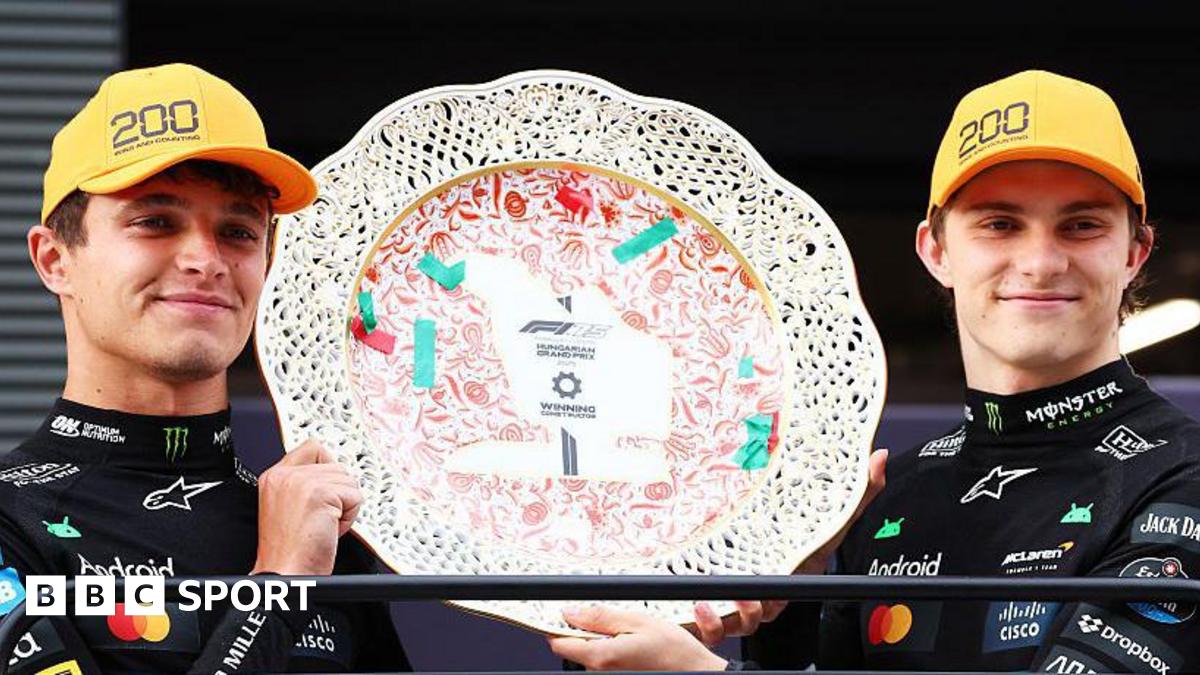 Lando Norris and Oscar Piastri holding the Hungarian Grand Prix constructors' trophy