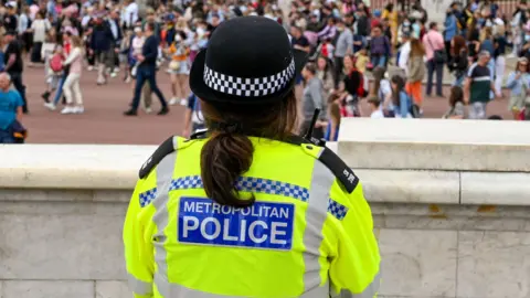 Getty Images A female police officer with her back to the camera, wearing a fluorescent jackets with Metropolitan Police written on it, looks out over a crowd of people. 