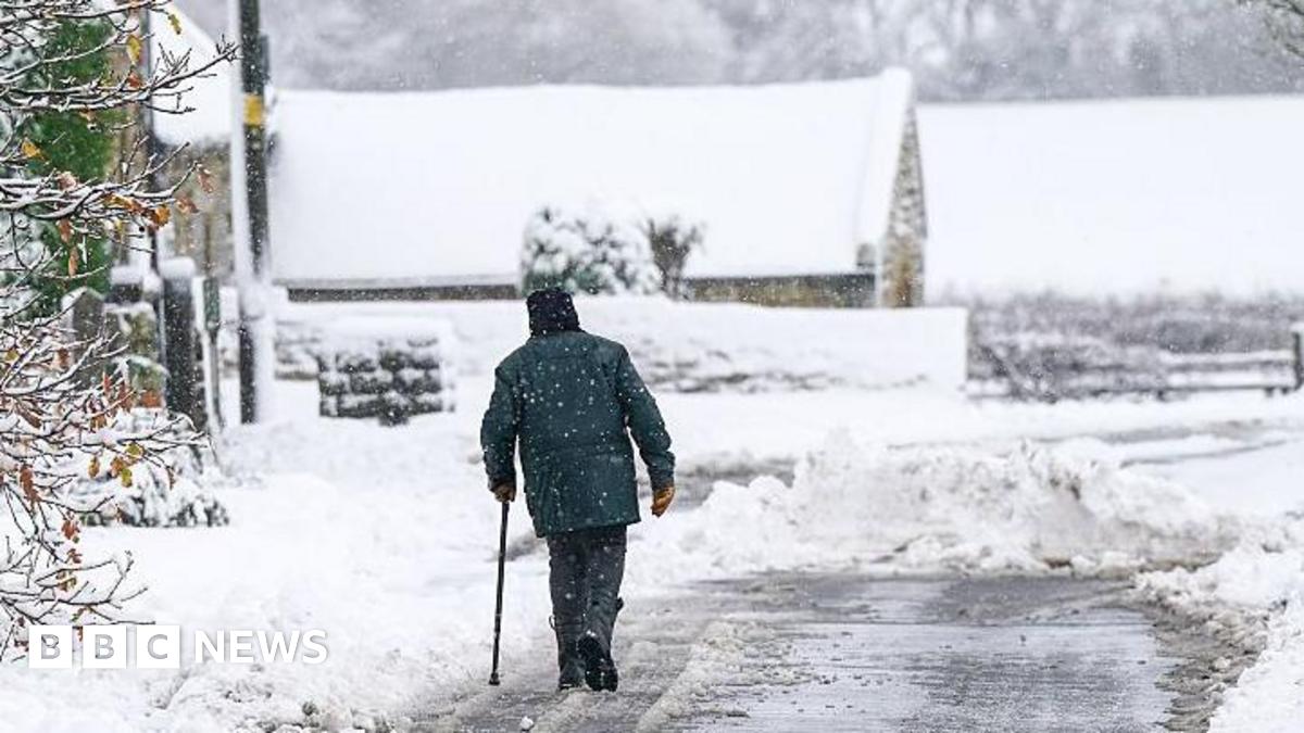 A person walks in a snowy landscape with a walking stick.