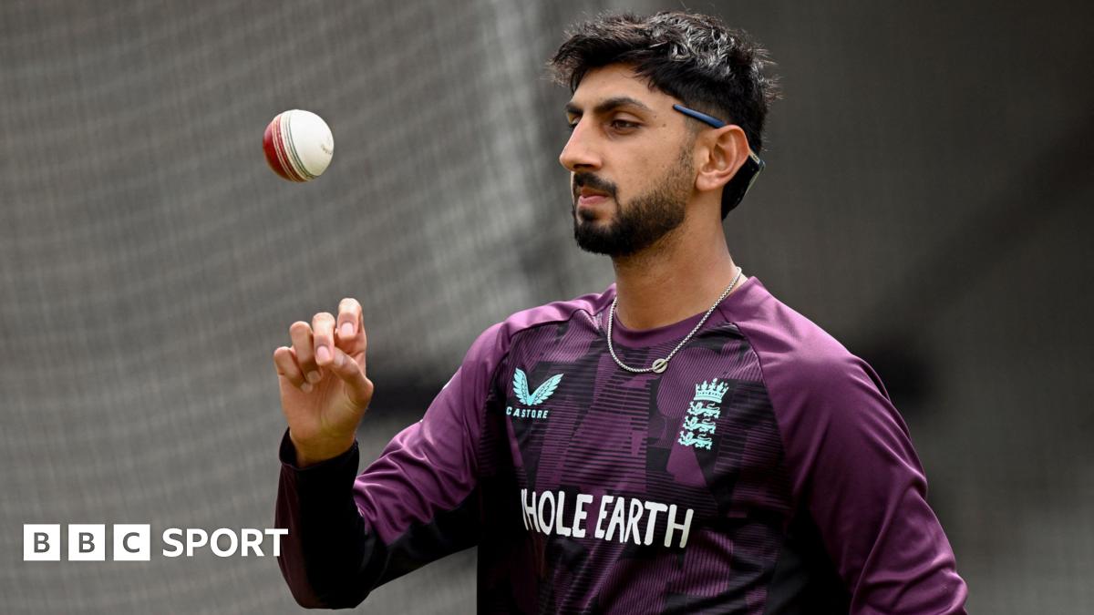 Shoaib Bashir flicks the ball in the air while training with England