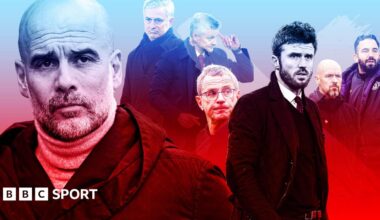 Pep Guardiola and Man Utd managers, with the Man City boss in a red and blue tinted composite picture with Jose Mourinho, Ole Gunnar Solskjaer, Ralf Rangnick, Michael Carrick, Erik ten Hag and Ruben Amorim