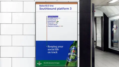 Heineken A beakerloo line signwith Heineken branding for the alcohol free product with '0.0' inserted in the the name Bakerloo in place of ''oo'
