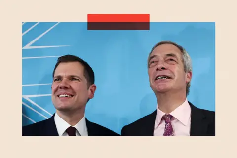 Reuters A close-up shot of former British Conservative Party member Robert Jenrick and Reform UK leader Nigel Farage 