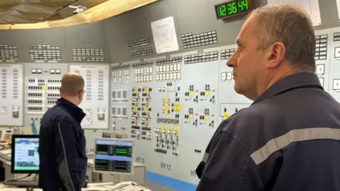 BBC Technicians monitor levels at the Khmelnytsky nuclear power plant in Ukraine