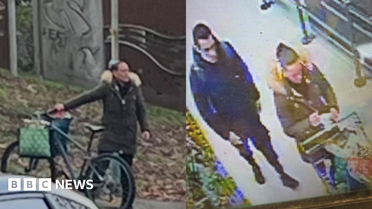 CCTV images showing a woman wearing a green coat, and a man wearing a blue coat. Both images are quite pixellated and hard to identify