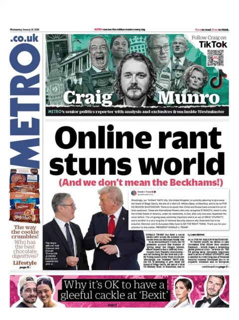 The headline on the front page of the Metro reads: "Online rant stuns the world."