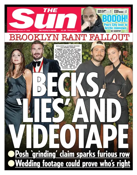 The headline on the front page of the Sun reads: "Becks, 'lies' and videotape."