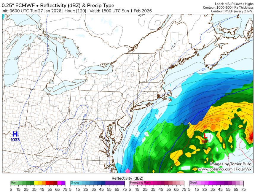 This a single computer model run showing how the storm could look in scenario three with all of its snow off the coast.