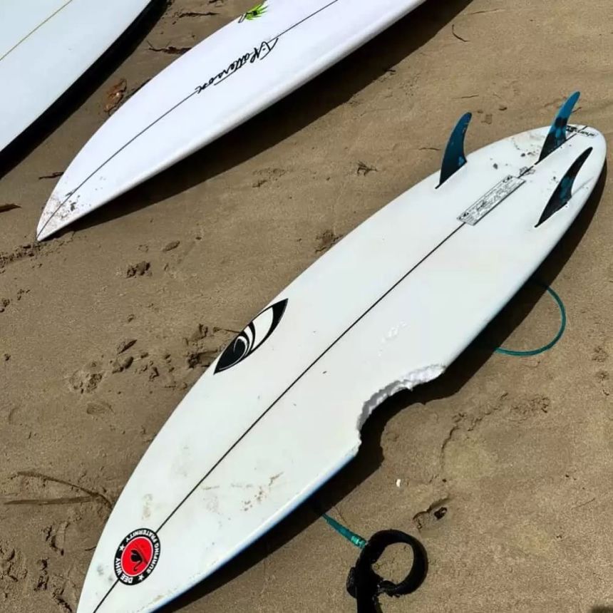 The surfboard belonging to the unharmed 11-year-old at Dee Why Point.