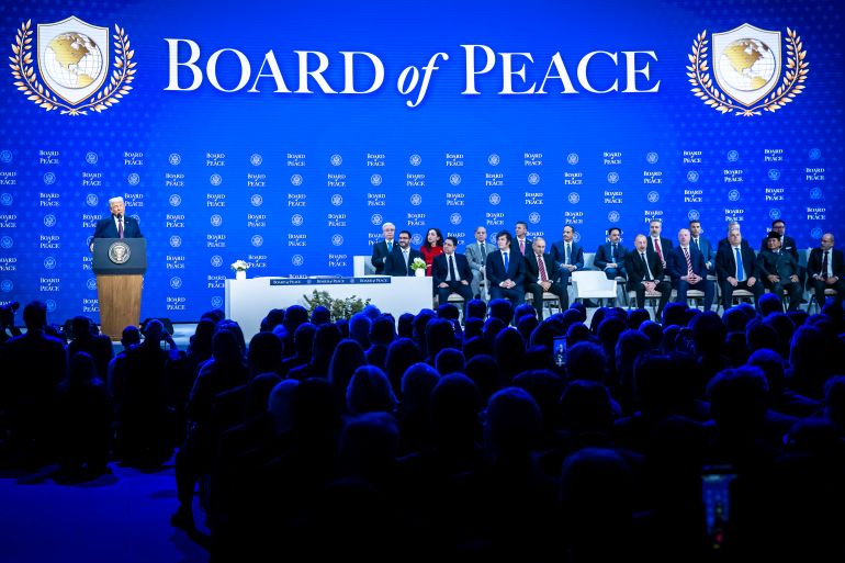 epa12670236 US President Donald Trump (L) speaks at the 'Board of Peace' meeting during the 56th annual meeting of the World Economic Forum (WEF), in Davos, Switzerland, 22 January 2026. The 2026 summit, running from 19 to 23 January and held under the theme 'A Spirit of Dialogue,' brings together global political leaders, corporate executives, and scientists to address international challenges. EPA/GIAN EHRENZELLER