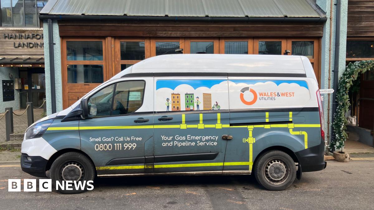 The side of a Wales and West Utilities van. The vehicle is parked on the side of a road, in front of businesses. The van has the gas utility logo printed on its side. It says 'your gas emergency and pipeline service'.