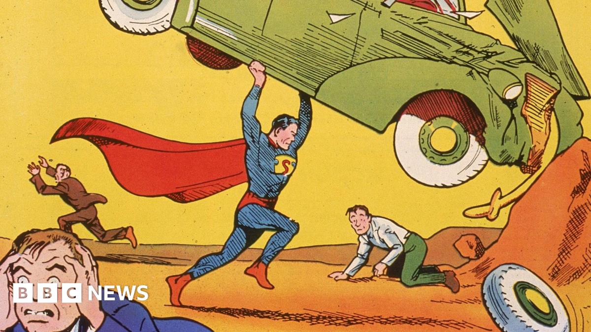 A close up of the Action Comics No 1 cover showing Superman holding up a car as others cower in fear.