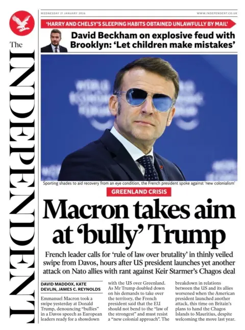 The headline on the front page of the Independent reads: "Macron takes aim at 'bully' Trump."