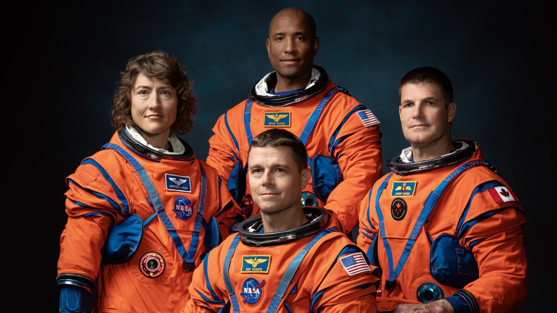The crew of NASA&rsquo;s Artemis II mission (left to right): NASA astronauts Christina Hammock Koch, Reid Wiseman (seated), Victor Glover, and Canadian Space Agency astronaut Jeremy Hansen.