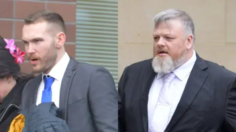 Spindrift Two men in grey suits walk into court, both wearing smart shirts and ties. Both have short hair with groomed facial hair.