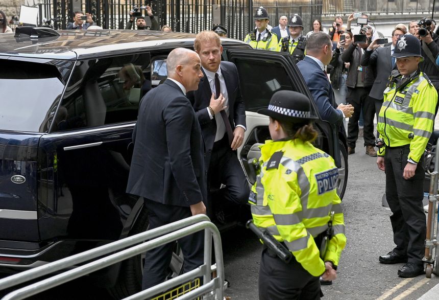 The Duke of Sussex arrives to give evidence in a lawsuit against Mirror Group Newspapers related to allegations of unlawful information gathering in previous decades at the High Court in 2023 in London.