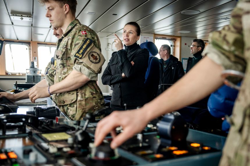 Denmark's Prime Minister Mette Frederiksen on a Danish Navy inspection vessel in the waters around Nuuk, Greenland, in April 2025.