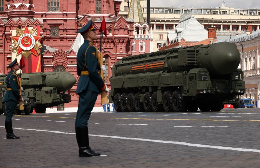Russian RS-24 Yars intercontinential nuclear launchers during the Red Square Military Parade's rehearsal in Moscow, Russia, on May 7, 2025.