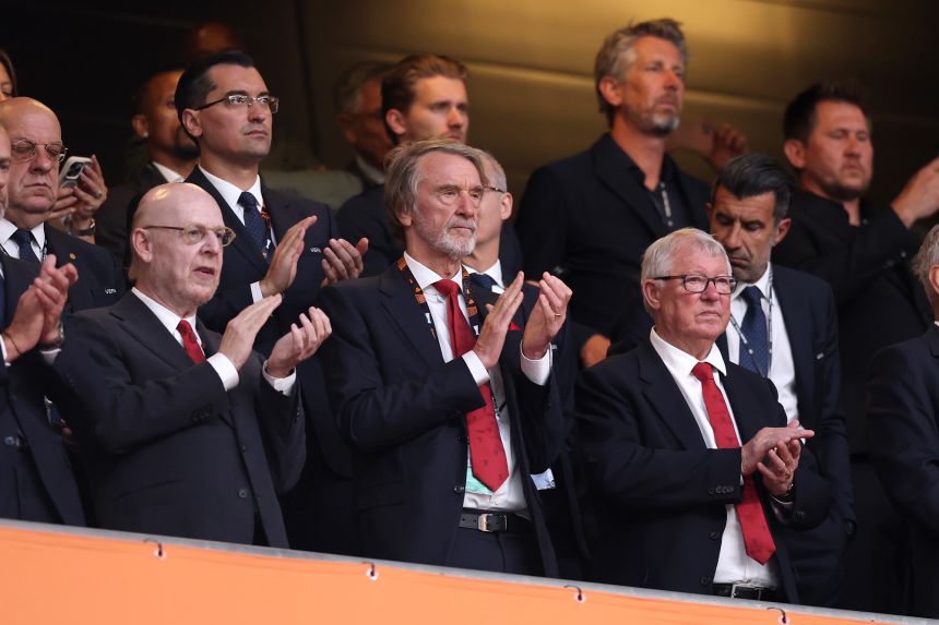 (L-R) Avram Glazer, Jim Ratcliffe and Sir Alex Ferguson look on from the stands as the teams walk out prior to the UEFA Europa League Final 2025 in Bilbao, Spain.