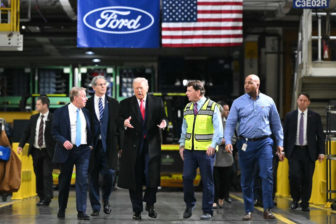 US President Donald Trump, alongside Secretary of Treasury Scott Bessent, takes a tour with Ford executives through Ford Motor Company's River Rouge complex in Dearborn, Michigan on January 13.