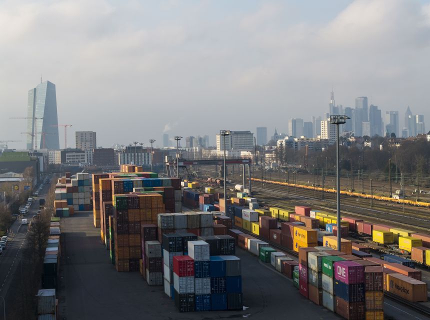 The headquarters of the European Central Bank seen behind the transshipment station for containers on January 19, 2026, in Frankfurt, Germany.