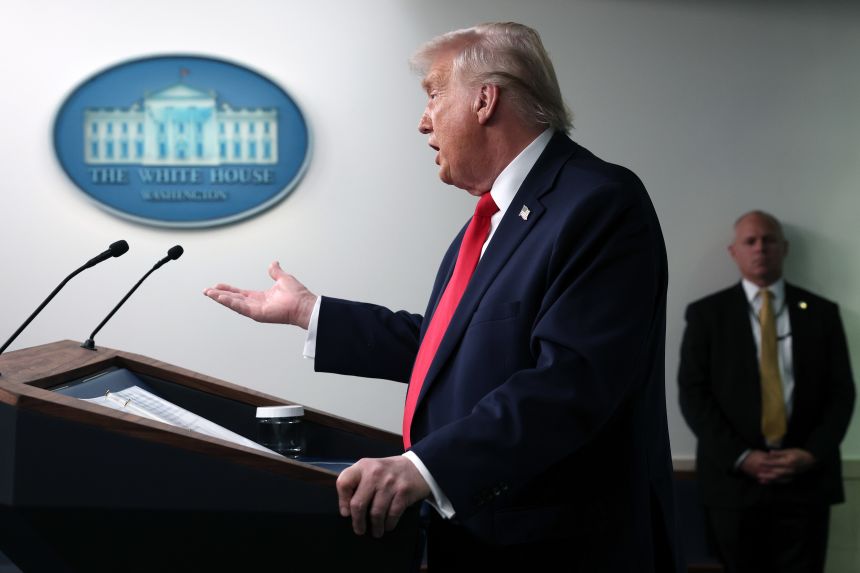 President Donald Trump speaks during a press briefing in the James S. Brady Press Briefing Room of the White House on Tuesday, in Washington, DC.