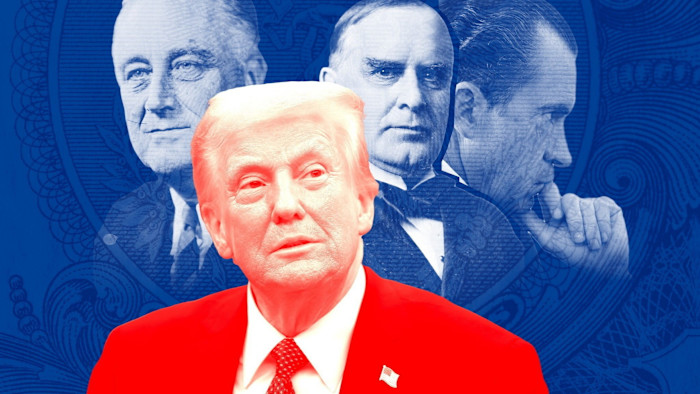 A montage showing Franklin Roosevelt, William McKinley, Richard Nixon, and Donald Trump, with Trump in the foreground