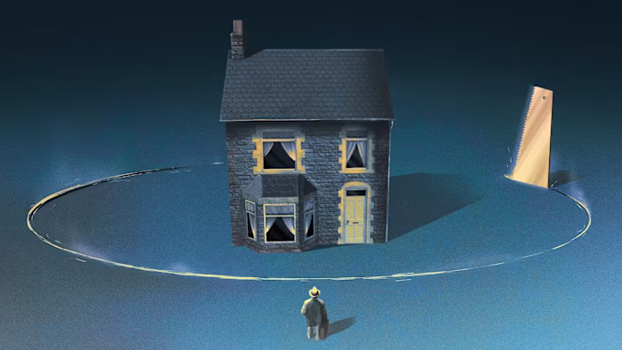 Illustration of man wearing a raincoat and a hat, holding a suitcase in his hand, standing in front of a cardboard house around which a circle is being cut by a chainsaw.