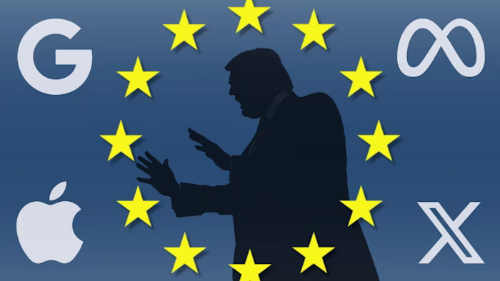 Silhouette of Donald Trump surrounded by yellow EU stars, with Google, Meta, Apple, and X logos on a blue background.