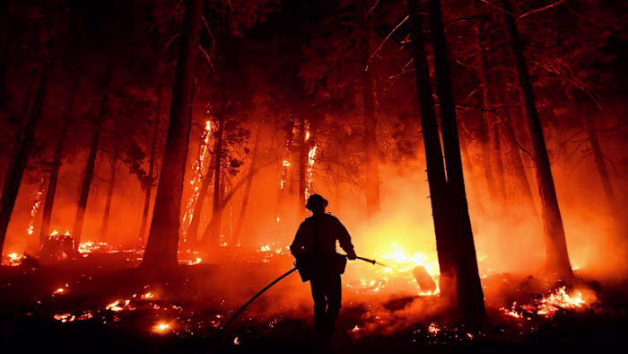 Kern County Fire Captain Bruce Wells uses a hose to fight flames near burning trees during the French Fire in Sequoia National Forest.