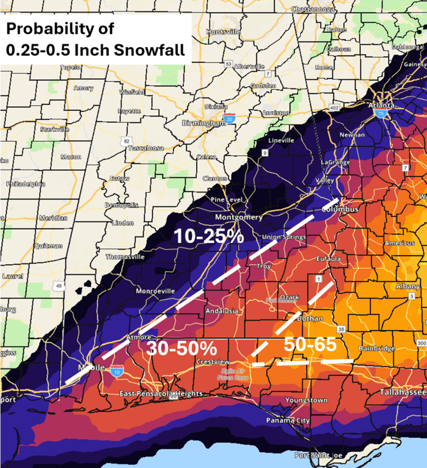 Map showing probability of 0.25-0.5 inch snowfall, with color-coded regions indicating percentages: 10-25%, 30-50%, and 50-65% in various areas.