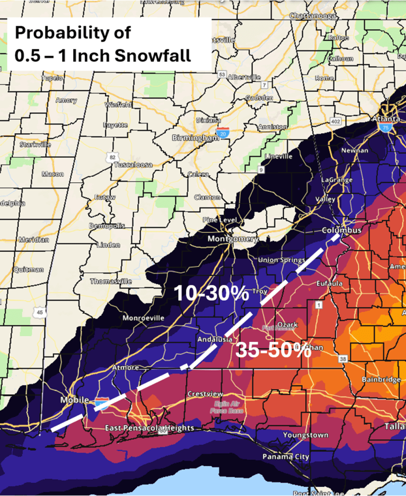 Map showing the probability of 0.5 to 1 inch snowfall across regions, with varying percentages indicated, ranging from 10-30% and 35-50%.