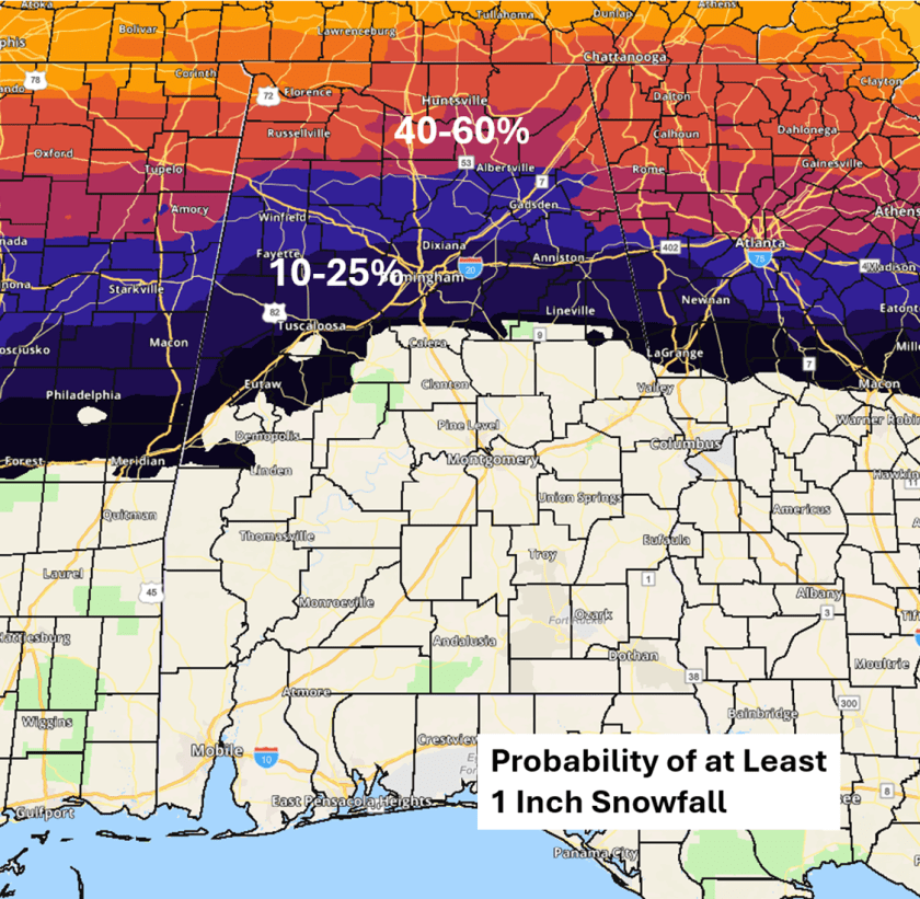 Weather map showing the probability of at least 1 inch of snowfall across different regions, with color-coded areas indicating percentages ranging from 10-25% to 40-60%.