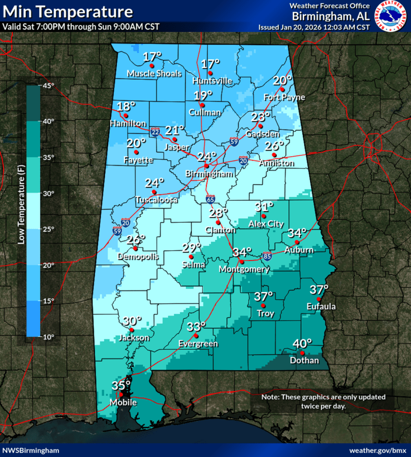 Map showing minimum temperatures across Alabama, valid from 7 PM Saturday to 9 AM Sunday, with temperatures ranging from 17°F in the northern regions to 40°F in the south.