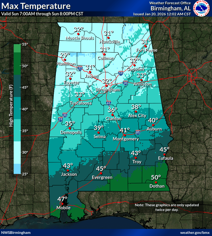 Max temperature forecast map for Birmingham, AL, showing temperatures ranging from 29°F to 55°F across different regions.