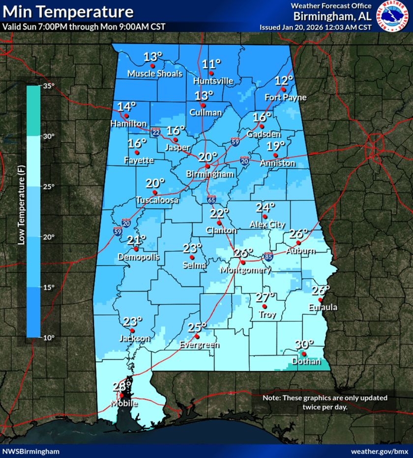 Map showing minimum temperatures across Alabama from 7 PM Sunday to 9 AM Monday, with temperatures ranging from 11°F in Huntsville to 30°F in Dothan.