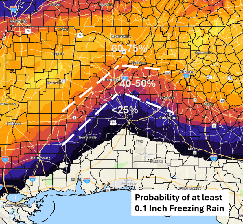 Map showing the probability of at least 0.1 inch of freezing rain across the southeastern United States, with color-coded ranges indicating likelihood percentages.