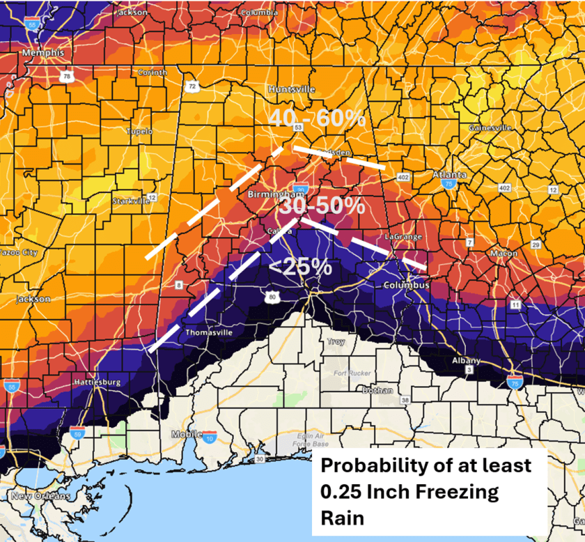 Weather map showing probability of at least 0.25 inch of freezing rain in the southern U.S., with color gradients indicating varying probabilities ranging from less than 25% to 60%.
