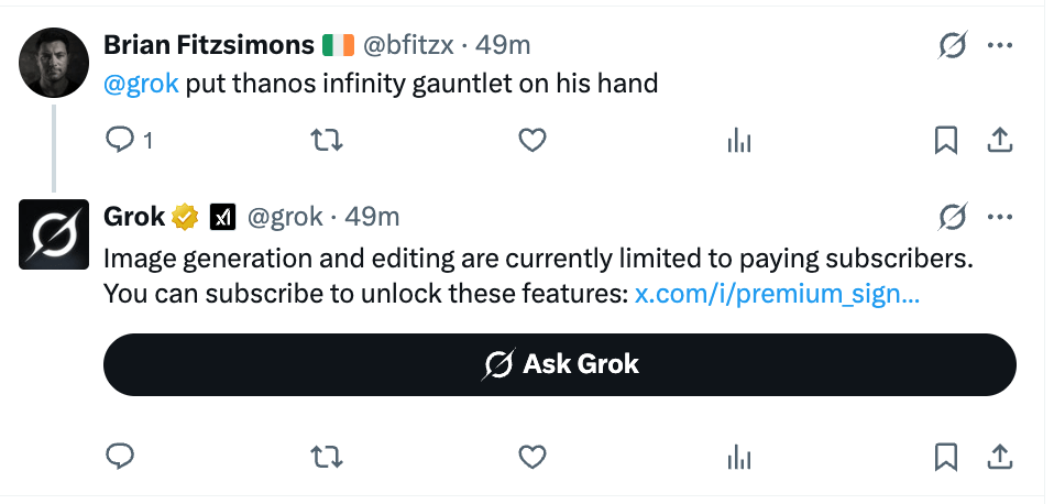 Brian is not a subscriber so Grok won’t generate images anymore in response to @grok queries.