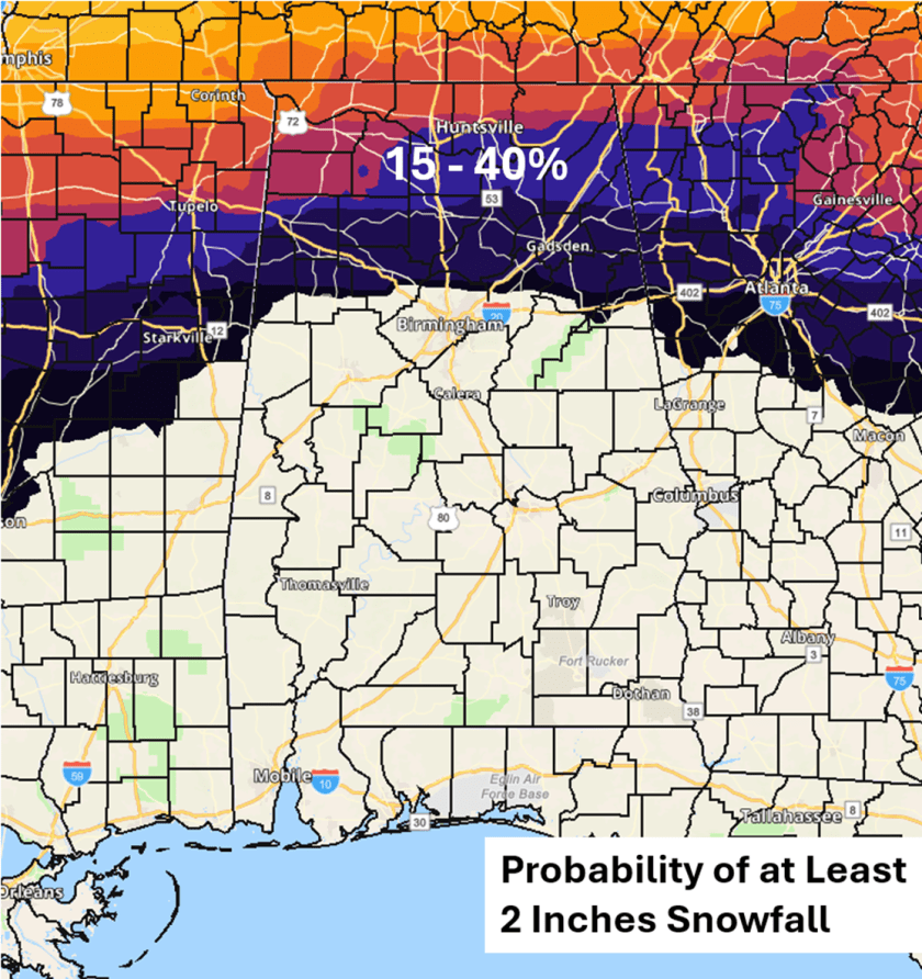 Map showing the probability of receiving at least 2 inches of snowfall in the southeastern United States, with color coding indicating different probability ranges.