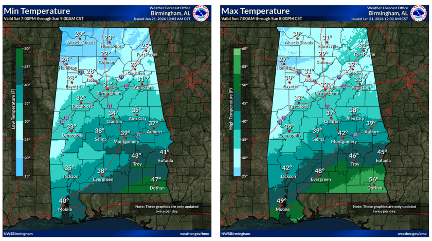 Weather forecast map showing minimum temperatures in Alabama from Saturday 7:00 PM to Sunday 9:00 AM CST. Includes low temperature ranges with color coding.