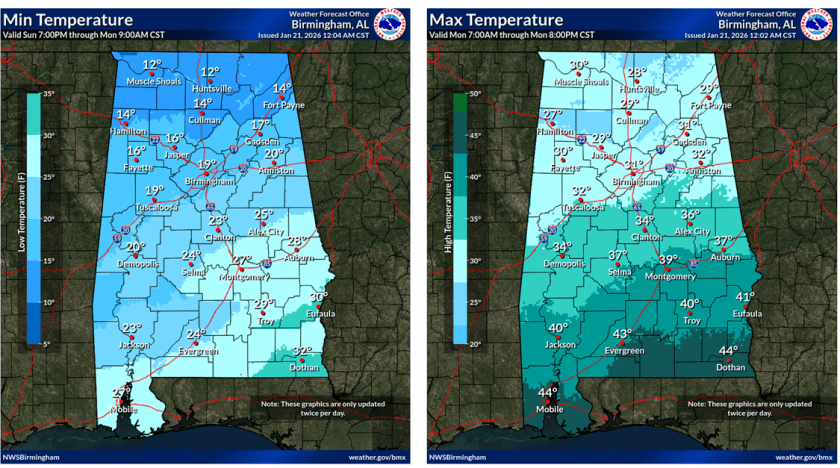 A weather forecast map of Alabama showing minimum temperatures from 7 PM Sunday to 9 AM Monday, with temperatures ranging from 12 to 30 degrees Fahrenheit.