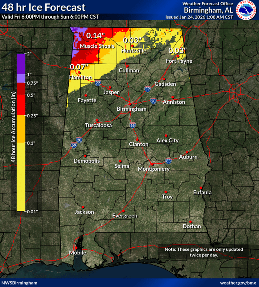 Map showing a 48-hour ice accumulation forecast for Alabama, with varying ice accumulation predictions in different regions, ranging from 0.03 to 0.14 inches, including key cities like Muscle Shoals, Hamilton, and Huntsville.
