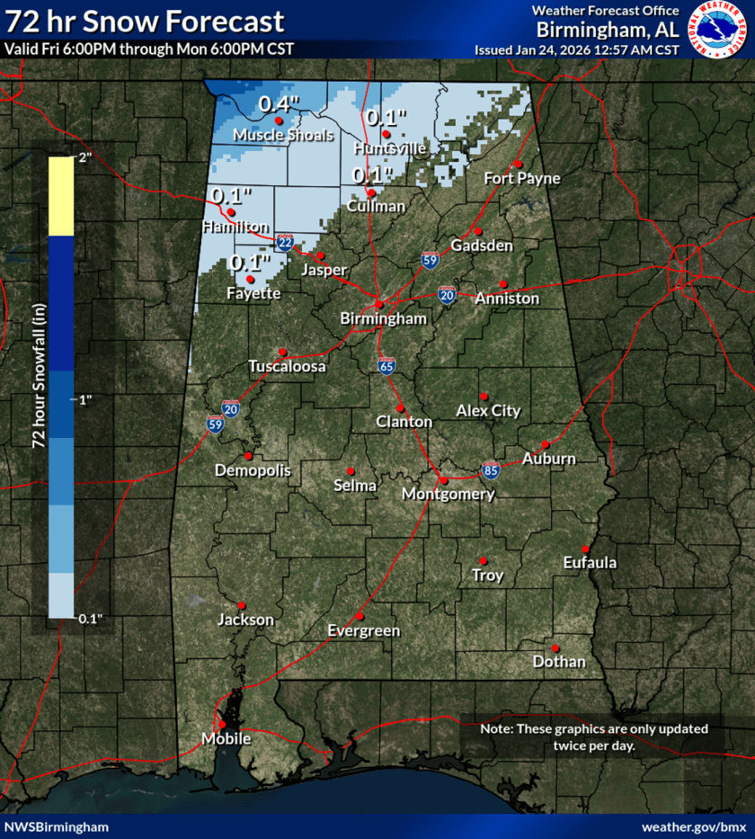 Map showing the 72-hour snow forecast for Birmingham, AL, with snowfall amounts indicated in inches across various regions.