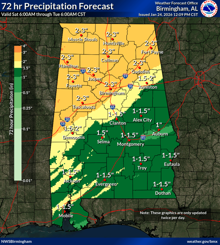 A precipitation forecast map for Alabama showing 72-hour rainfall estimates. Areas in yellow indicate 2-3 inches of expected rain, while green areas show estimates of 1-1.5 inches. The map is issued by the Weather Forecast Office in Birmingham, AL.