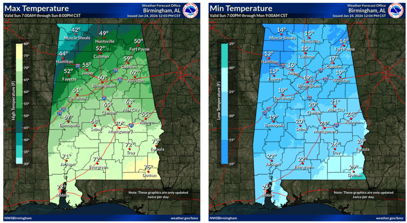 Max temperature forecast map for Alabama, showing varying temperatures from the north to the south.
