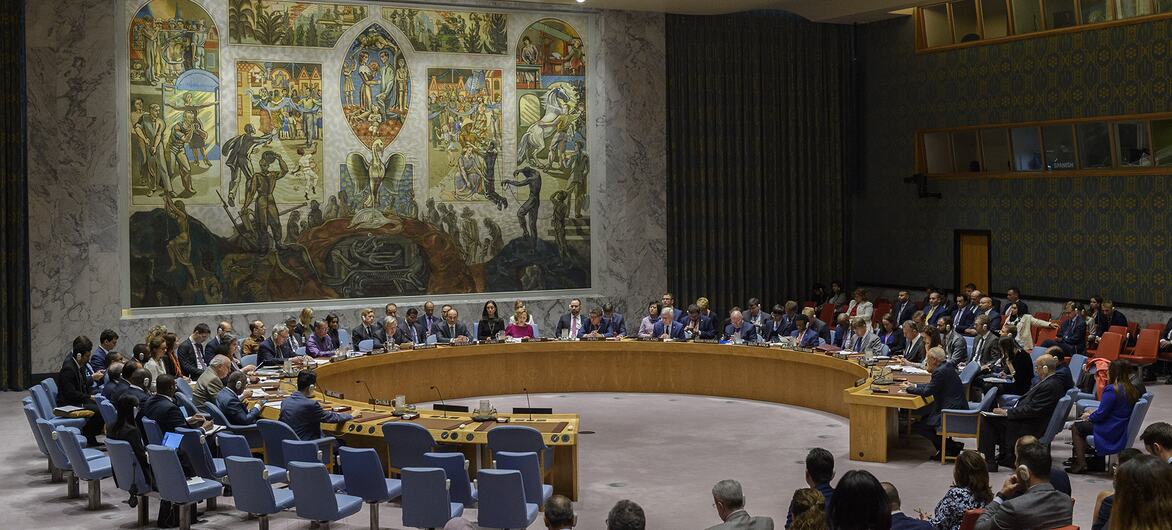 Members of the UN Security Council meet in the Security Council Chamber at UN headquarters in New York.