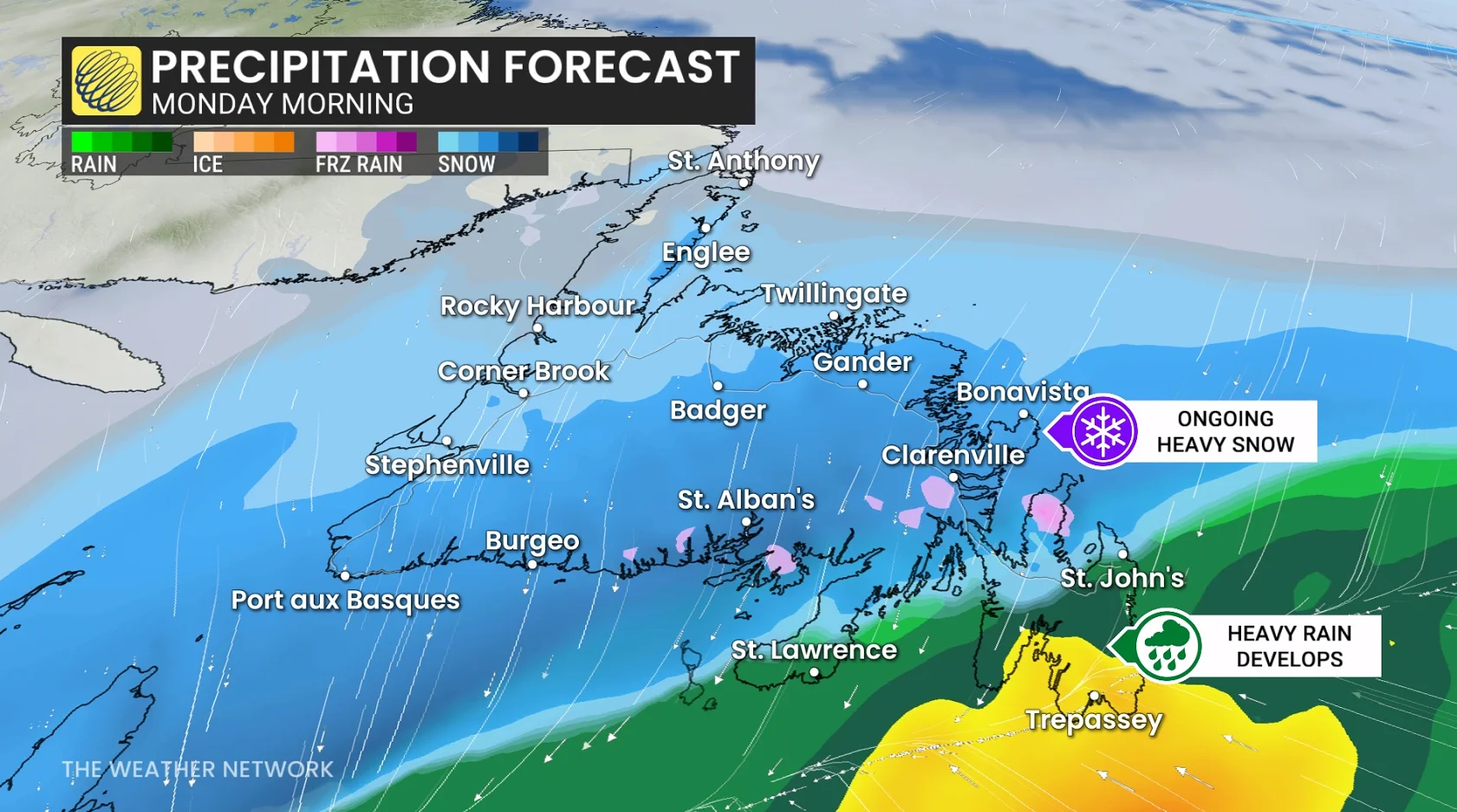 Newfoundland precipitation timing forecast Monday morning