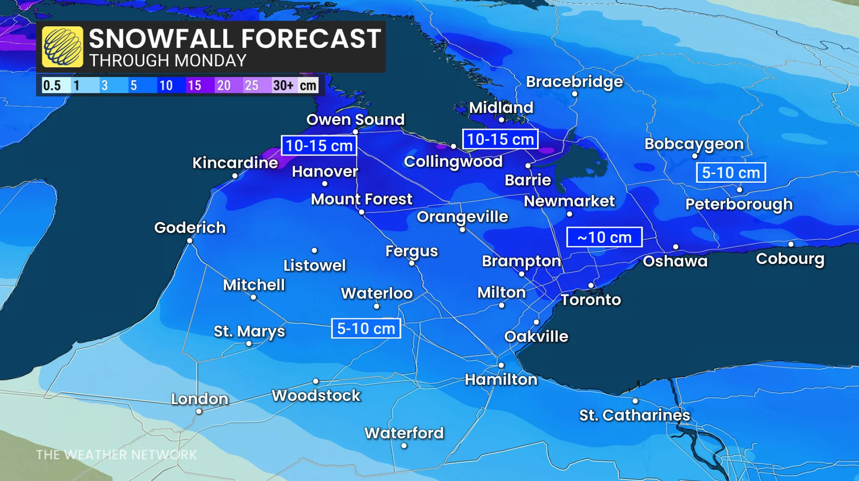 Ontario snowfall forecast through Monday